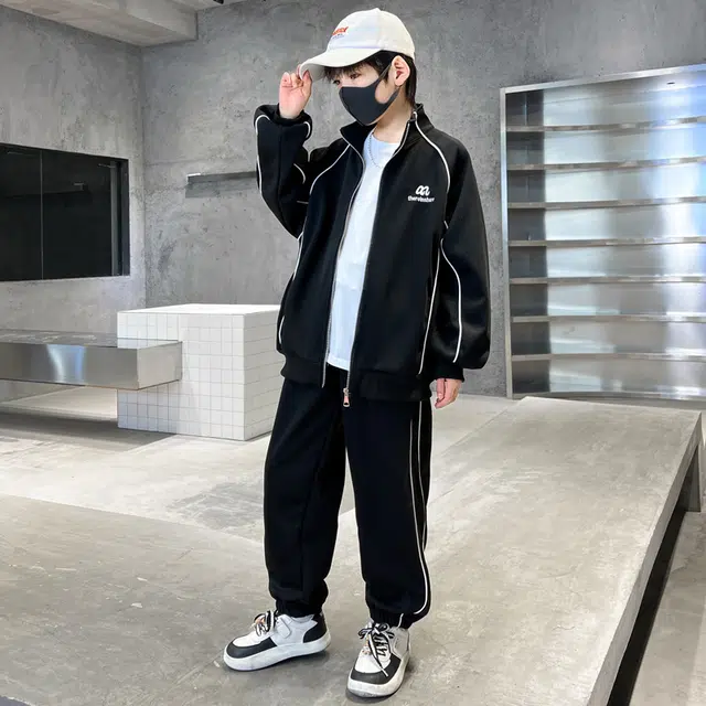木木屋 立领舒适柔软百搭休闲运动套装 黑色 青少年