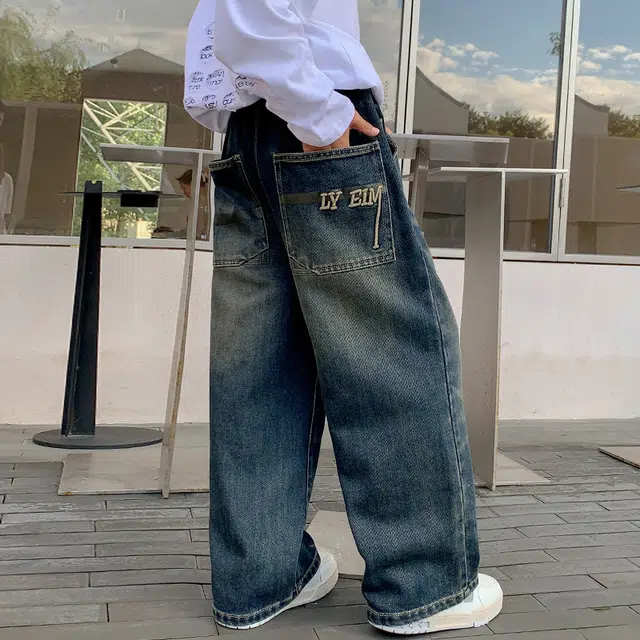木木屋 舒适柔软亲肤洋气百搭轻盈透气松紧腰牛仔裤 蓝色 青少年