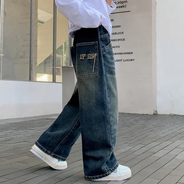 木木屋 舒适柔软亲肤洋气百搭轻盈透气松紧腰牛仔裤 蓝色 青少年