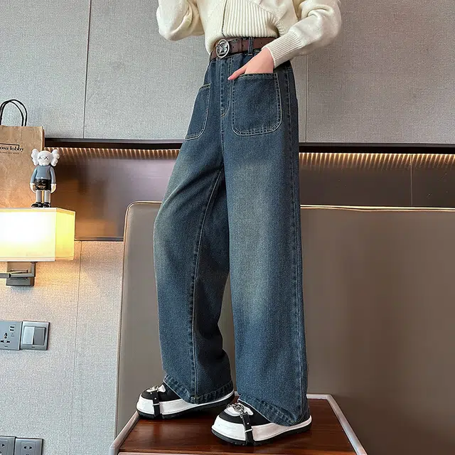 木木屋 松紧腰洋气简约纯色休闲牛仔裤 蓝色 青少年
