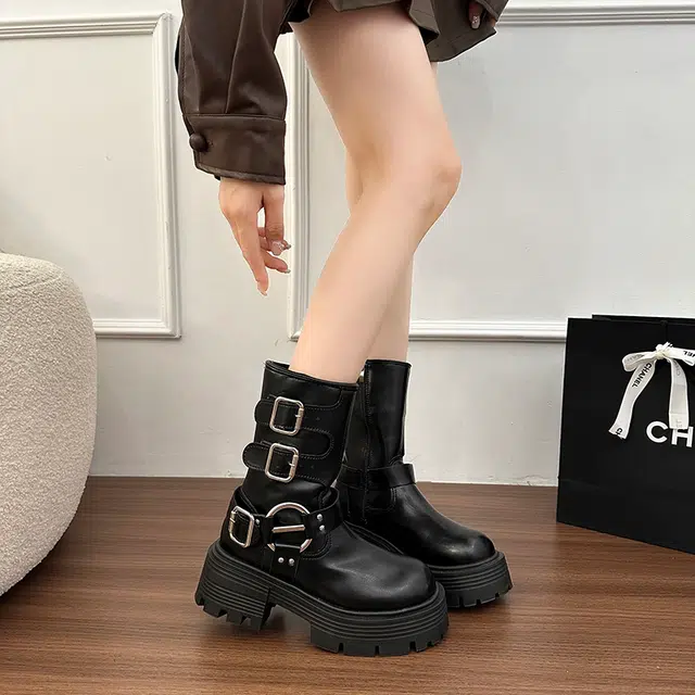 乐乐鱼 美拉德短靴子小个子厚底皮带扣西部牛仔靴中筒 马丁靴 女