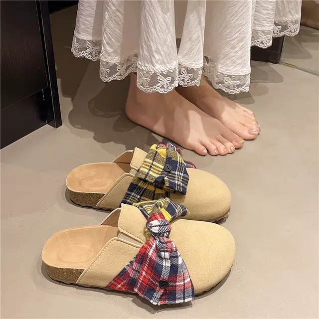 乐乐鱼 大蝴蝶结一脚蹬浅口凉拖 防磨防滑包头拖鞋 女