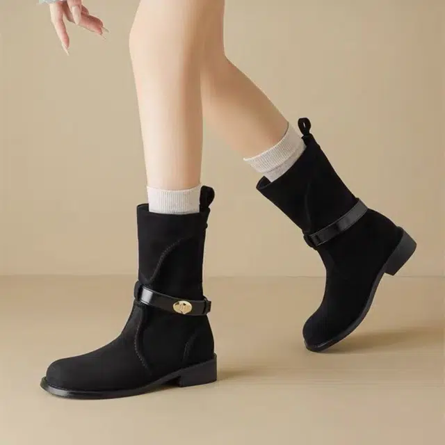 乐乐鱼 绒面 复古西部牛仔靴子马丁靴中筒骑士瘦瘦靴 短靴 女