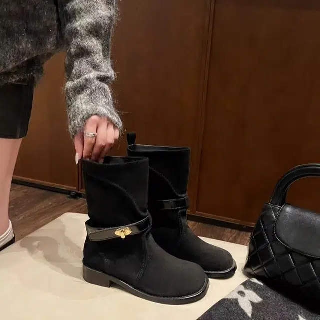 乐乐鱼 绒面 复古西部牛仔靴子马丁靴中筒骑士瘦瘦靴 短靴 女