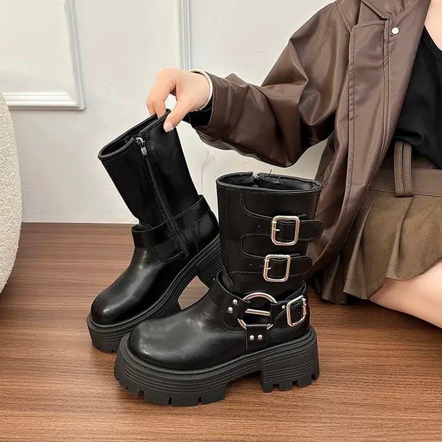 乐乐鱼 美拉德短靴子小个子厚底皮带扣西部牛仔靴中筒 马丁靴 女