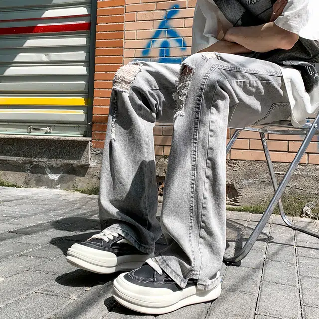 泰迪珍藏 美式高街复古重工水洗弯刀裤做旧废土风高级感显高显瘦垂感柔软舒适休闲阔腿时尚百搭直筒破洞微喇牛仔裤 男女同款