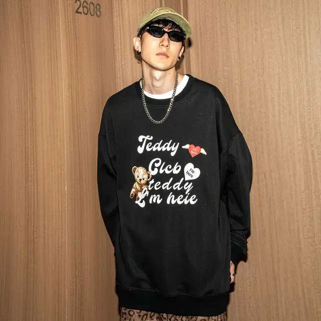 泰迪珍藏 趣味卡通爱心字母印花套头圆领宽松卫衣 男女同款
