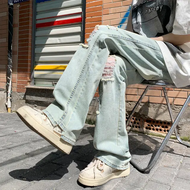 泰迪珍藏 美式高街复古重工水洗弯刀裤做旧废土风高级感显高显瘦垂感柔软舒适休闲阔腿时尚百搭直筒破洞微喇牛仔裤 男女同款