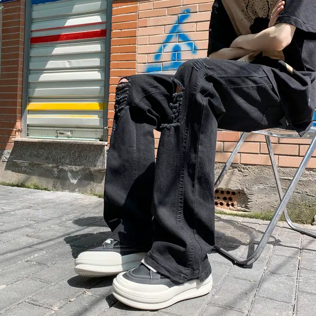 泰迪珍藏 美式高街复古重工水洗弯刀裤做旧废土风高级感显高显瘦垂感柔软舒适休闲阔腿时尚百搭直筒破洞微喇牛仔裤 男女同款