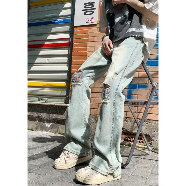 泰迪珍藏 美式高街复古重工水洗弯刀裤做旧废土风高级感显高显瘦垂感柔软舒适休闲阔腿时尚百搭直筒破洞微喇牛仔裤 男女同款