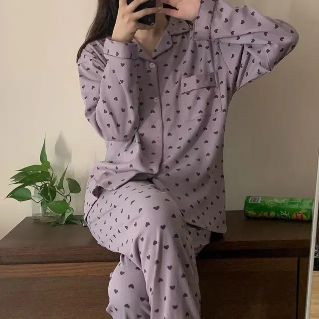泡泡陷阱 爱心满印柔软舒适简约亲肤翻领设计休闲家居服长袖长裤睡衣套装 女款