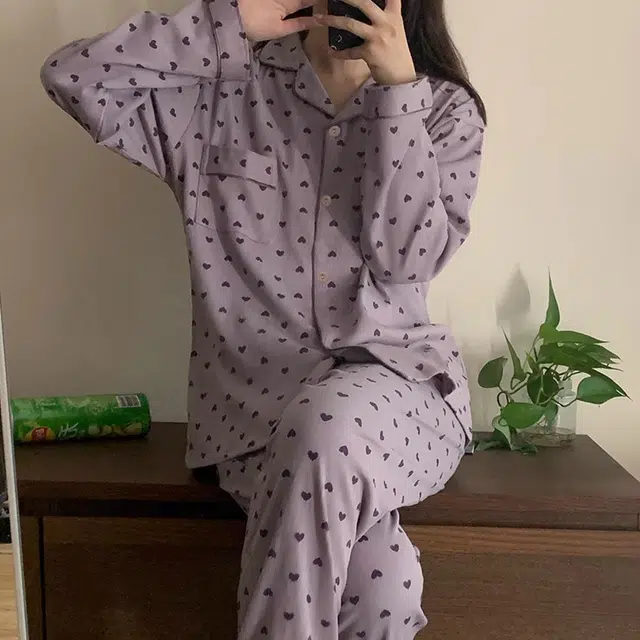 泡泡陷阱 爱心满印柔软舒适简约亲肤翻领设计休闲家居服长袖长裤睡衣套装 女款