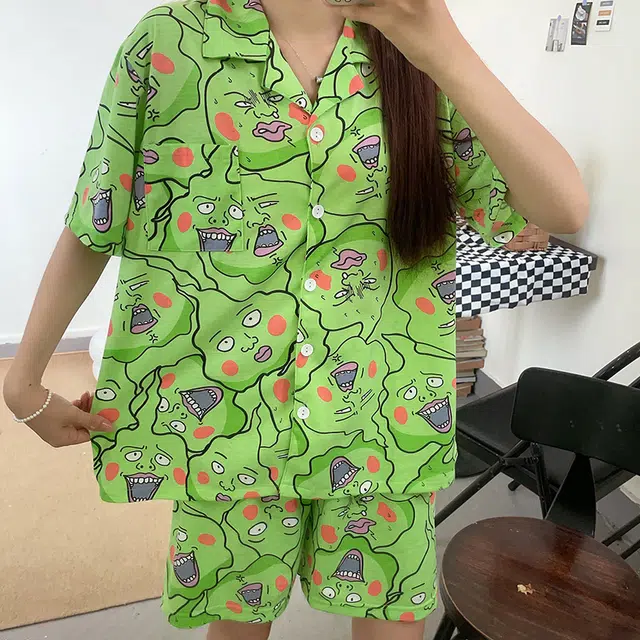 泡泡陷阱 可爱搞怪小酒窝家居服短袖短裤卡通动漫小翻领睡衣套装 男女同款