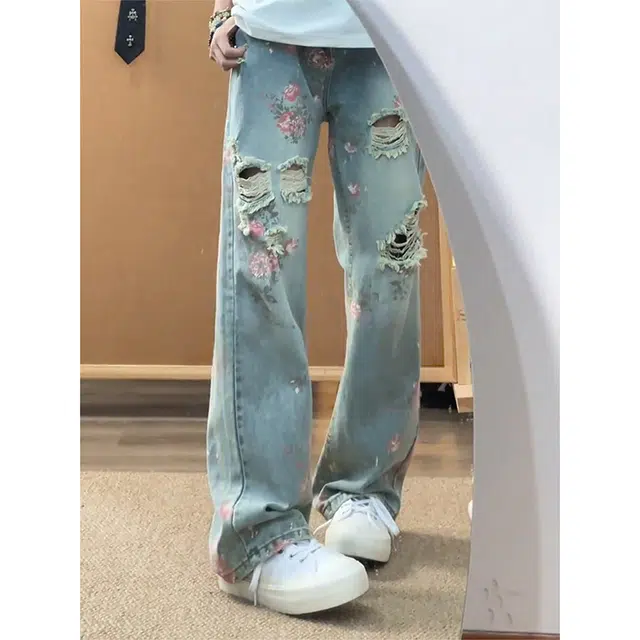 泡泡陷阱 美式高街花卉破洞小众个性直筒满印设计感休闲百搭牛仔裤 男女同款