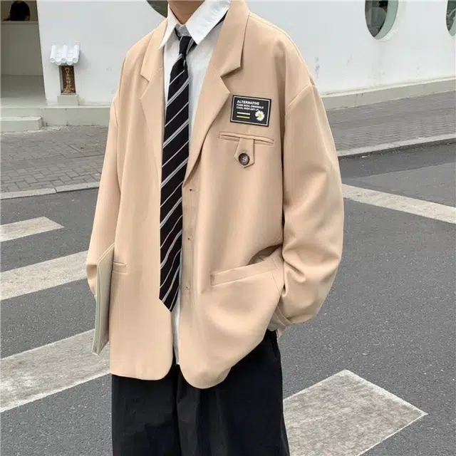 泡泡陷阱 美式高街潮牌复古解构字母花卉标签拼接设计透气亲肤户外商务通勤痞帅街头潮流舒适百搭宽松落肩垂感西装套装 男女同款