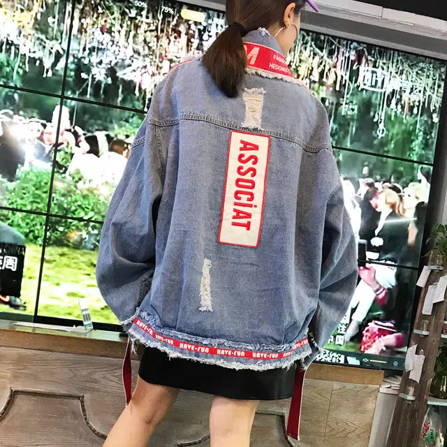 泡泡陷阱 字母飘带个性宽松休闲简约时尚百搭设计街舞情侣嘻哈牛仔外套 男女同款