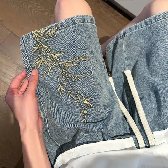 泡泡陷阱 新中式国风竹子刺绣夏季薄款五分裤休闲宽松百搭直筒阔腿裤牛仔短裤 男女同款