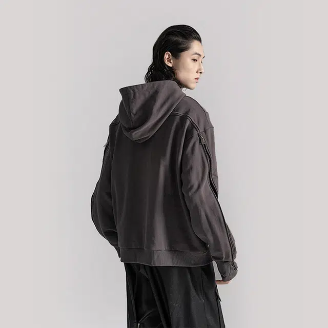 幻象者 原创设计拼接多口袋纯色套头宽松连帽卫衣 男女同款 灰色