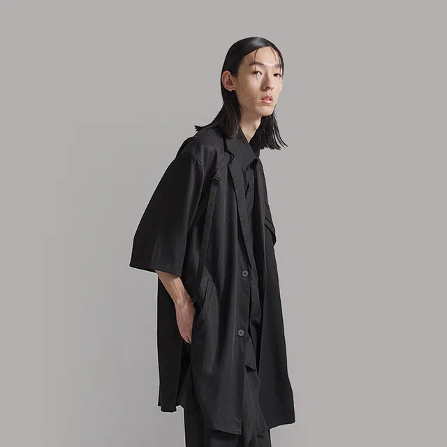 幻象者 纯色简约西装领中长款短袖衬衫 男女同款 黑色