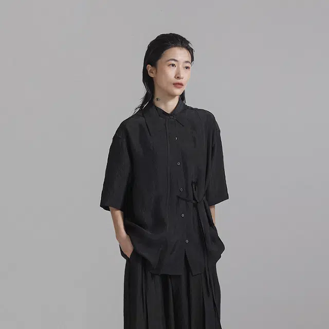 幻象者 绑带宽松纯色短袖衬衫 男女同款 黑色