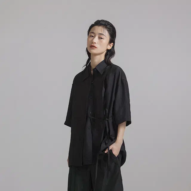 幻象者 绑带宽松纯色短袖衬衫 男女同款 黑色