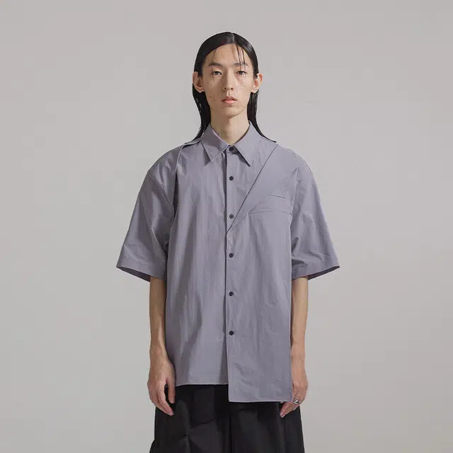幻象者 日系宽松纯色单排扣短袖衬衫 男女同款 灰紫色