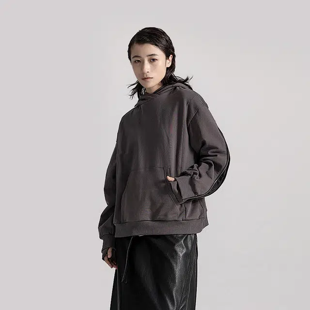 幻象者 原创设计拼接多口袋纯色套头宽松连帽卫衣 男女同款 灰色