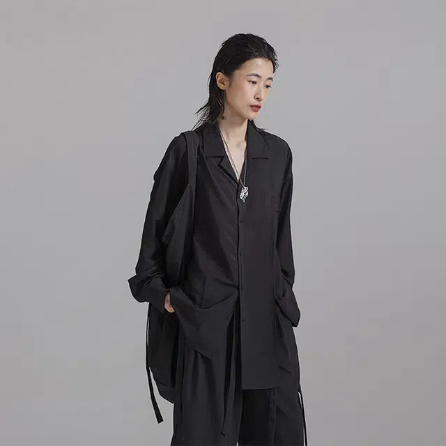 幻象者 纯色落肩宽松长袖衬衫 男女同款 黑色