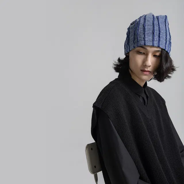 幻象者 条纹保暖防寒 羊毛 绒线帽子 男女同款情侣款 蓝色