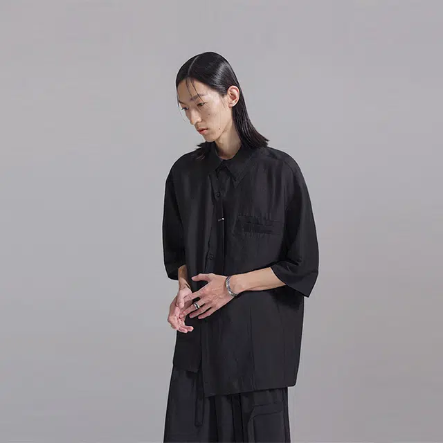 幻象者 纯色通勤日常休闲短袖衬衫 男女同款 黑色