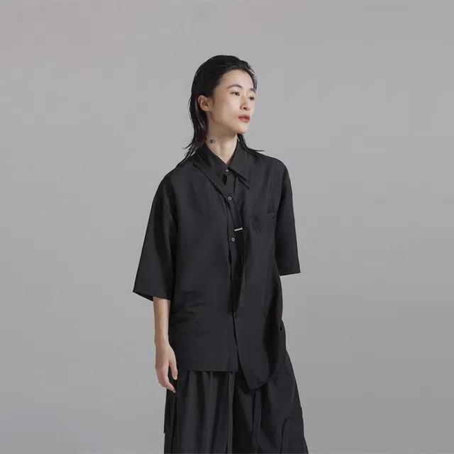 幻象者 纯色通勤日常休闲短袖衬衫 男女同款 黑色