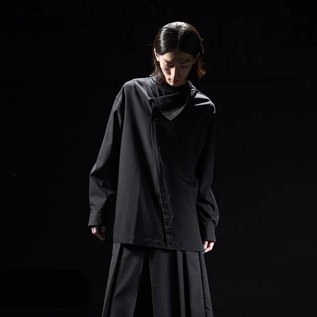 幻象者 原创设计高领套头宽松休闲长袖衬衫 男女同款 黑色