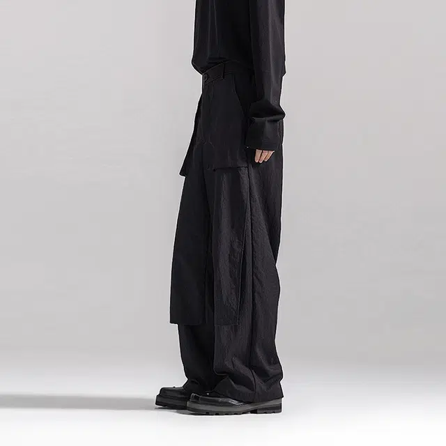 幻象者 纯色阔腿双层设计休闲裤 男女同款 黑色