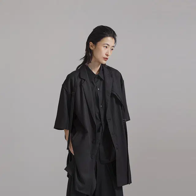 幻象者 纯色简约西装领中长款短袖衬衫 男女同款 黑色