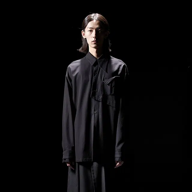 幻象者 原创设计条纹宽松中性风衬衣长袖衬衫 男女同款 黑色