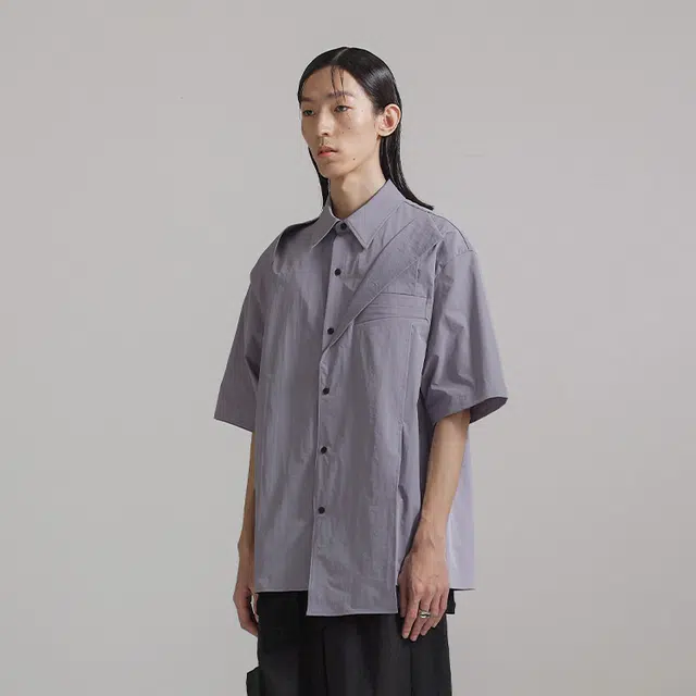 幻象者 日系宽松纯色单排扣短袖衬衫 男女同款 灰紫色