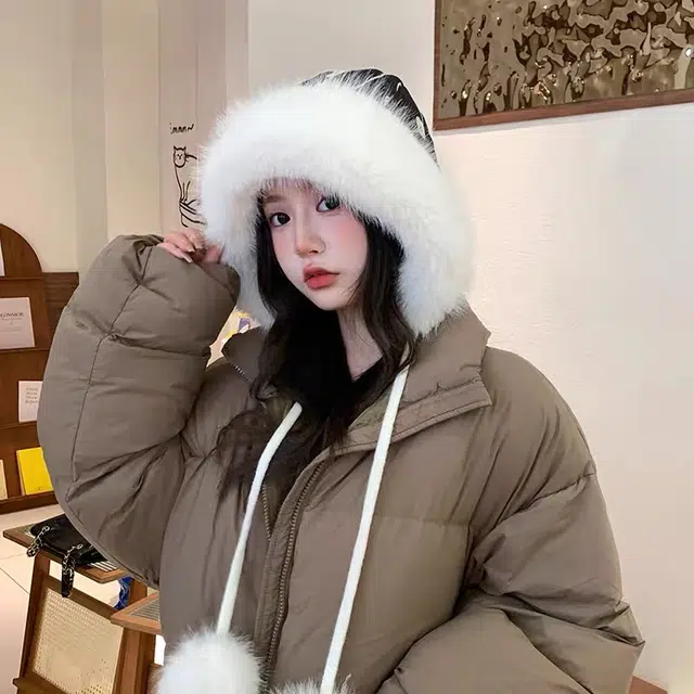 尚先生 可爱包头保暖加绒加厚毛球护耳套头 毛绒 绒线帽 女款