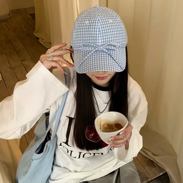 尚先生 小清新休闲韩系格子蝴蝶结 棉 鸭舌帽 女款 浅蓝色