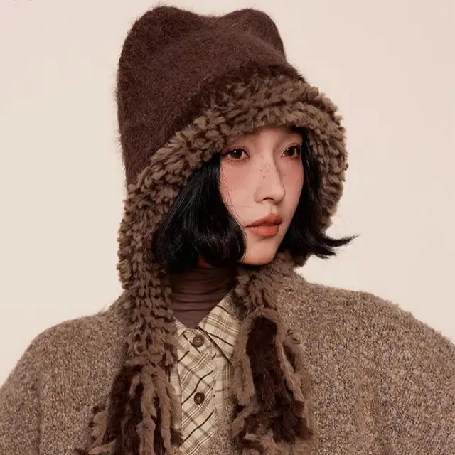 尚先生 韩版毛绒帽子秋冬季加厚保暖护耳帽流苏针织显脸小 聚酯纤维 绒线帽 女款