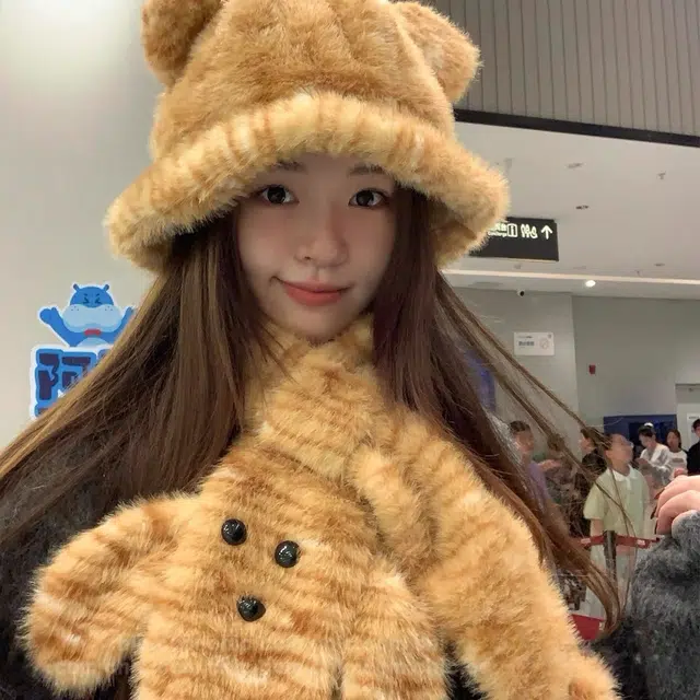 尚先生 可爱毛绒绒老虎帽子围巾两件套保暖防风 绒线 绒线帽 女款