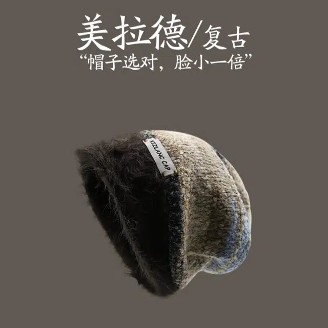 尚先生 毛绒复古针织堆堆帽女显脸小秋冬防寒保暖毛线冷帽 涤纶 绒线帽 男女同款情侣款