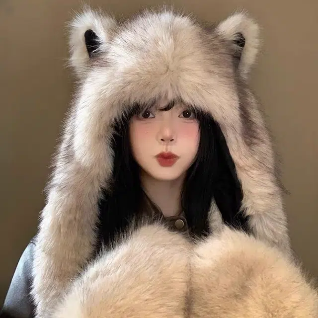 尚先生 狐狸耳朵帽子秋冬保暖防寒三件套 聚酯纤维 绒线帽 女款