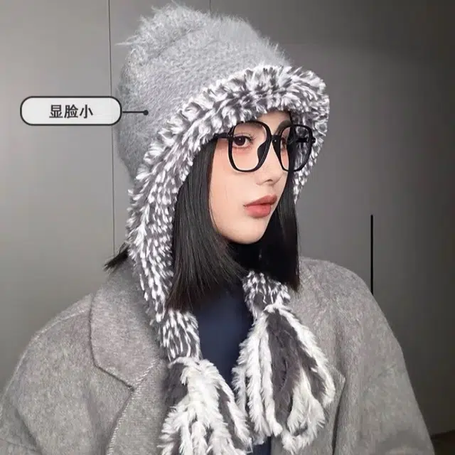 尚先生 韩版毛绒帽子秋冬季加厚保暖护耳帽流苏针织显脸小 聚酯纤维 绒线帽 女款
