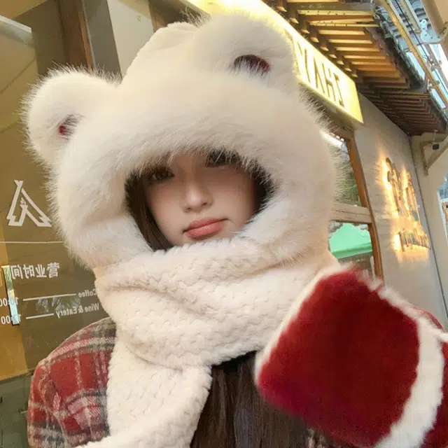 尚先生 冬季可爱小熊一体三件套骑行防寒护耳保暖神器 皮绒 斗篷帽 女款 红色