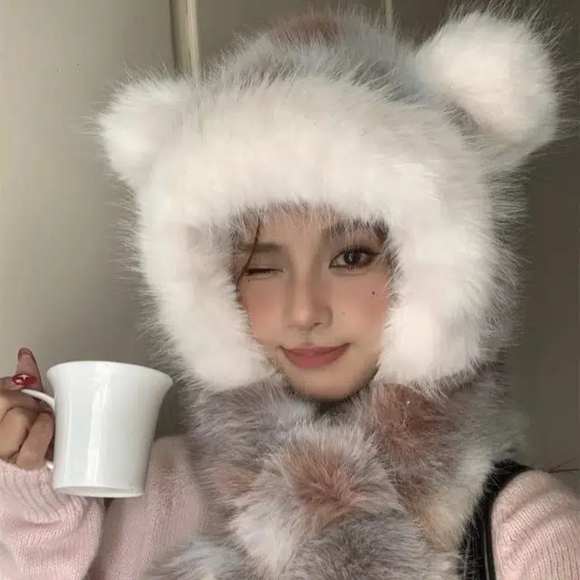 尚先生 扎染小熊加厚大毛领时尚围脖一体帽保暖 聚酯纤维 绒线帽 女款