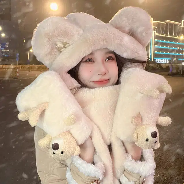 尚先生 小熊帽子秋冬季可爱百搭保暖毛绒一体连帽加绒加厚 聚酯纤维 斗篷帽 女款