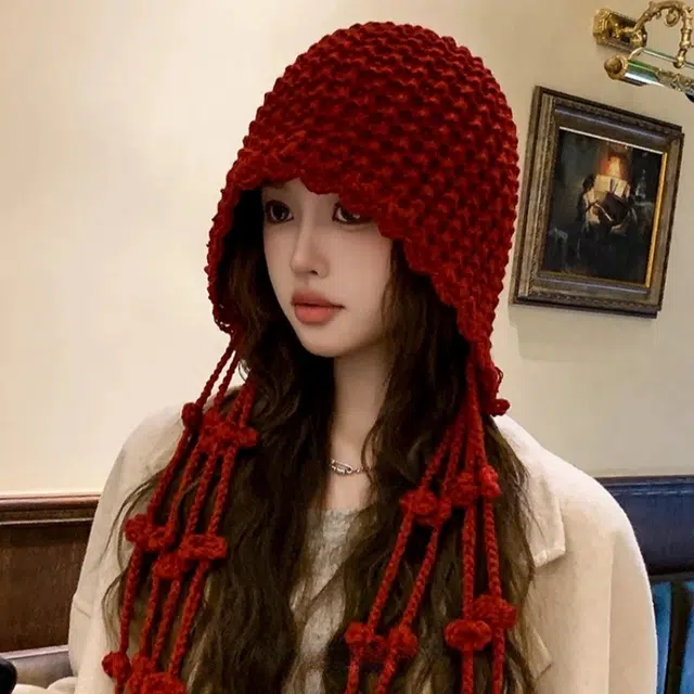 尚先生 日系流苏红色秋冬韩版甜美可爱护耳保暖包头针织帽 毛线 绒线帽 女款