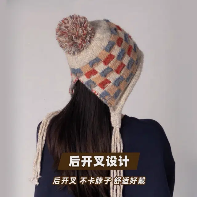 尚先生 撞色冬季保暖护耳手工编制包头针织大头围 棉麻混纺 绒线帽 女款