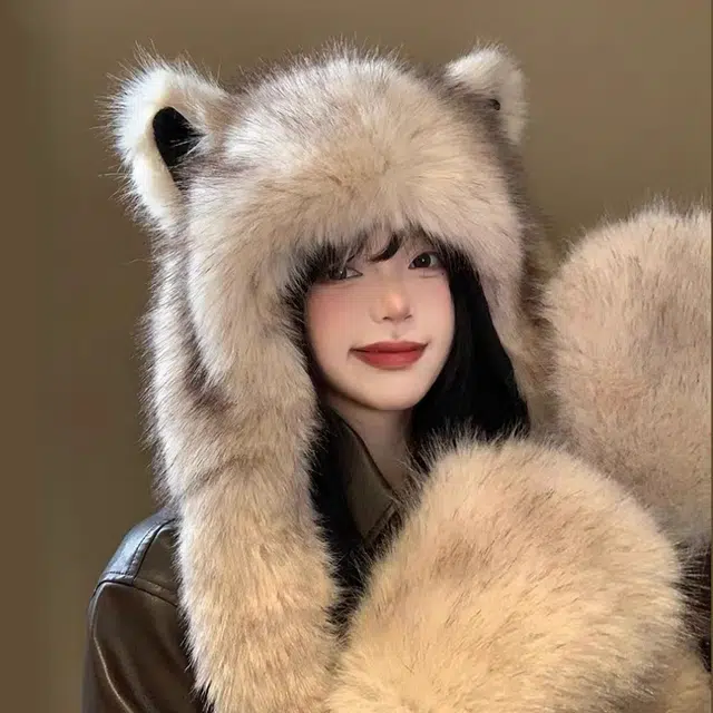 尚先生 狐狸耳朵帽子秋冬保暖防寒三件套 聚酯纤维 绒线帽 女款