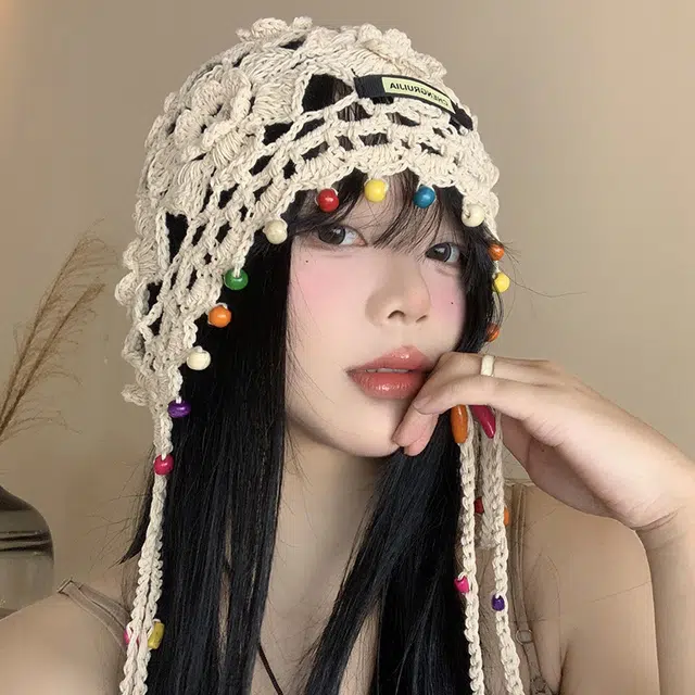 尚先生 波西米亚花朵流苏复古镂空民族风 针织 绒线帽 女款